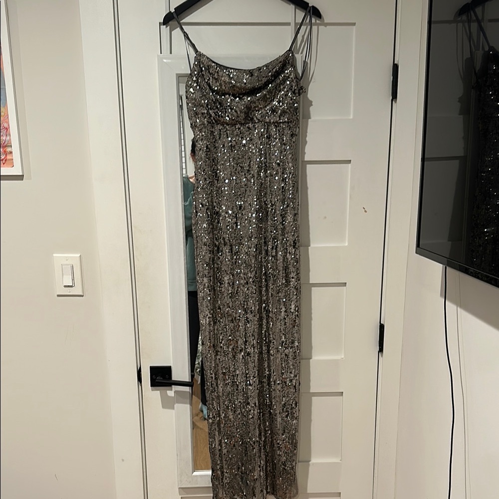NWT Line and Dot silver sequin gown